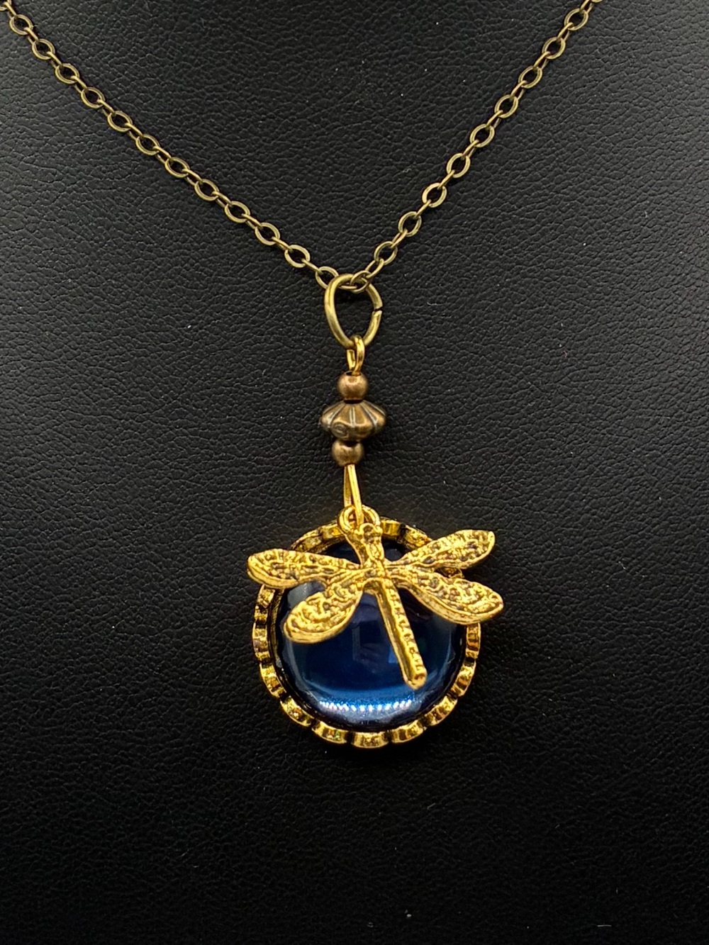 Gold Dragonfly Pendant Necklace with Blue Glass Accent
